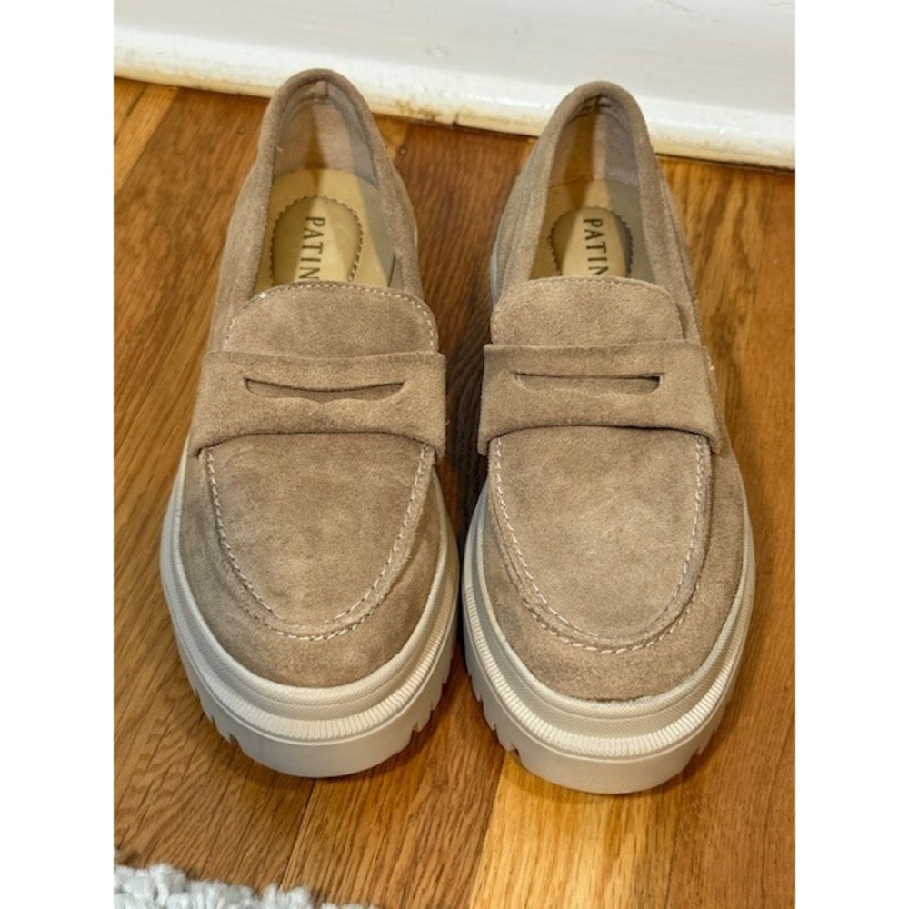 Patina‎ Portland Leather Goods Zoe Chunky Loafer Sz 7 Taupe Suede Platform NWOB